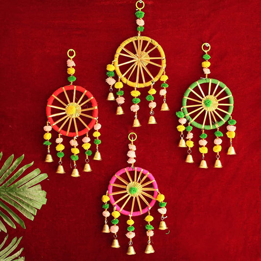 Boho Handmade Dreamcatcher Wall Hanging with Pom Poms & Bells – Colorful Decorative Hanging Set