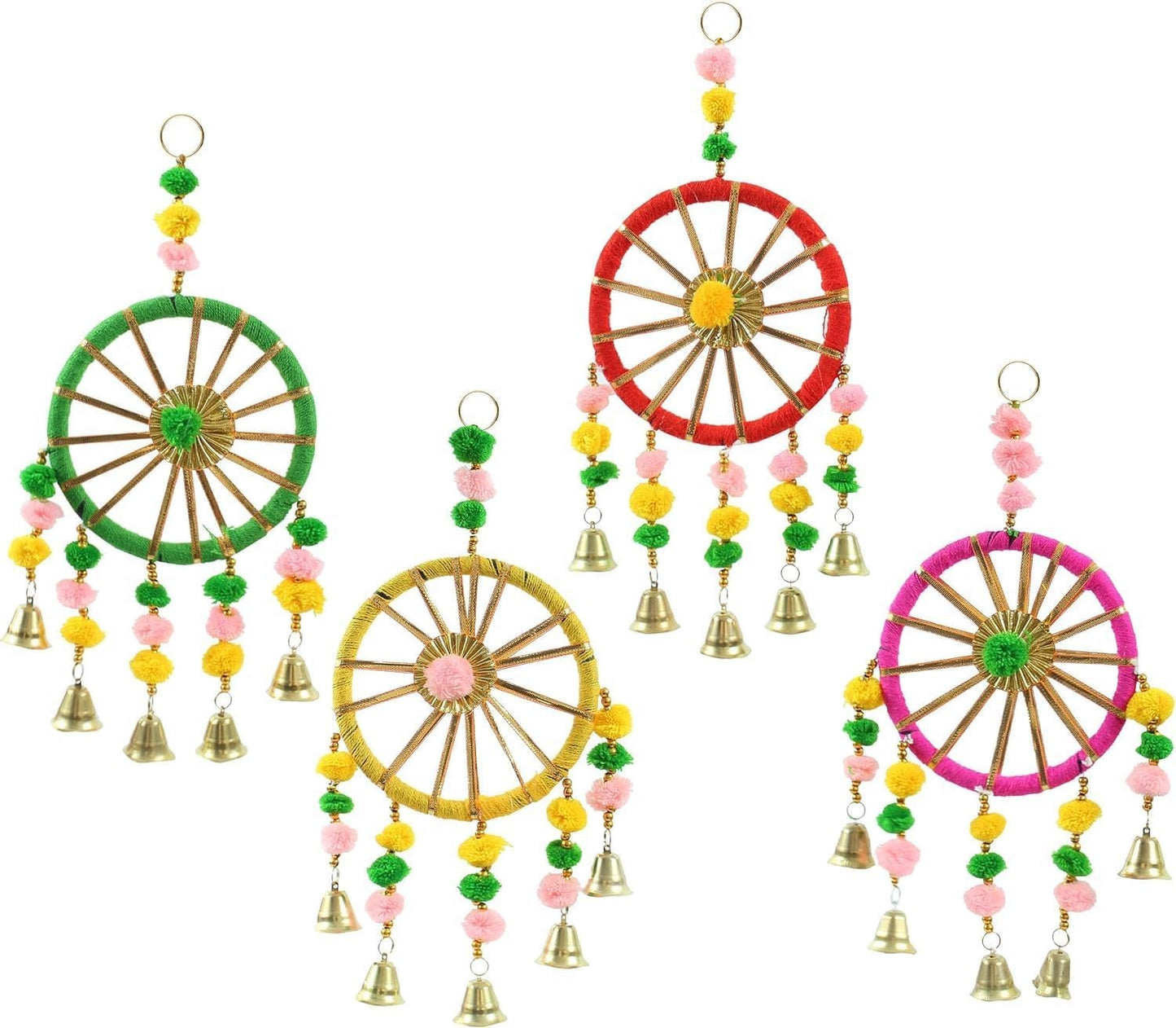 Boho Handmade Dreamcatcher Wall Hanging with Pom Poms & Bells – Colorful Decorative Hanging Set