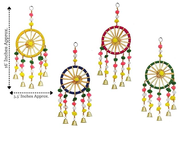 Boho Handmade Dreamcatcher Wall Hanging with Pom Poms & Bells – Colorful Decorative Hanging Set