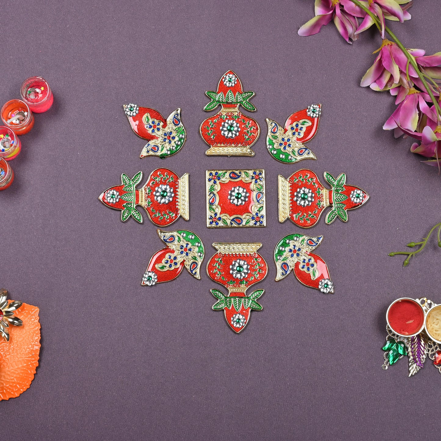 Kalash and Diya Meena Stone Rangoli
