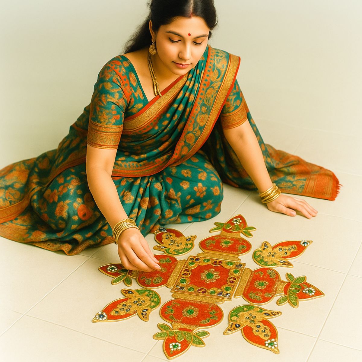 Kalash and Diya Meena Stone Rangoli