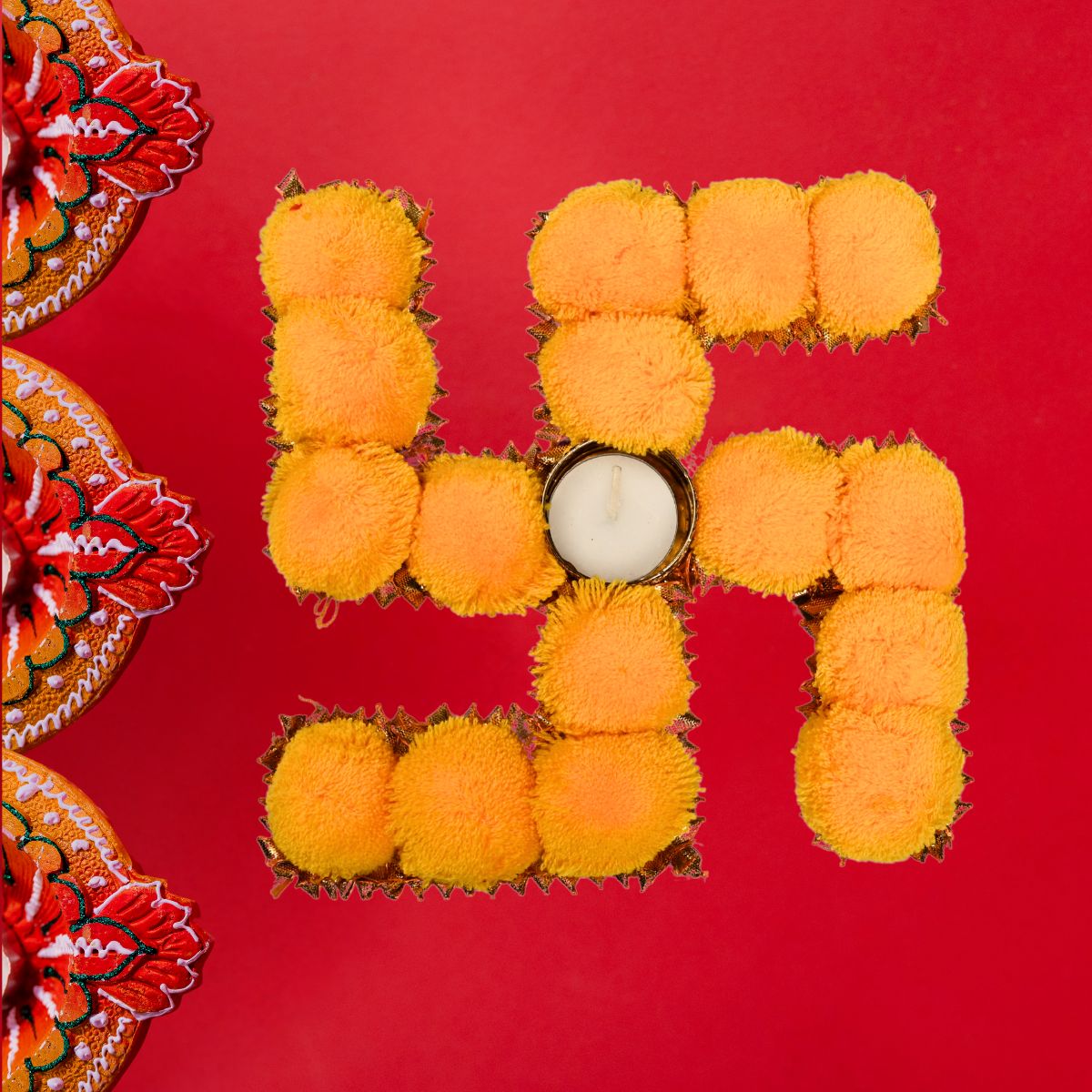 Swastik Tealight Holder with Pom Pom  MDF Base