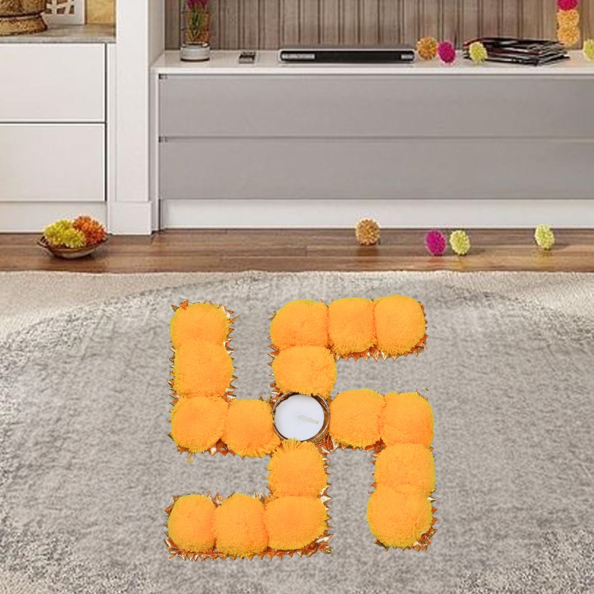 Swastik Tealight Holder with Pom Pom  MDF Base
