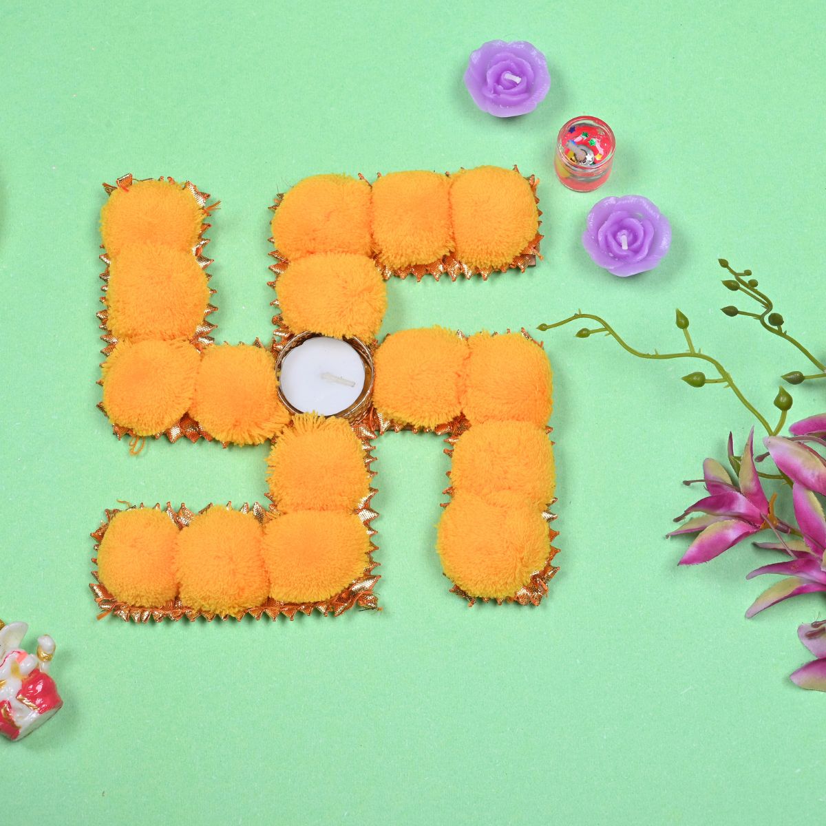 Swastik Tealight Holder with Pom Pom  MDF Base