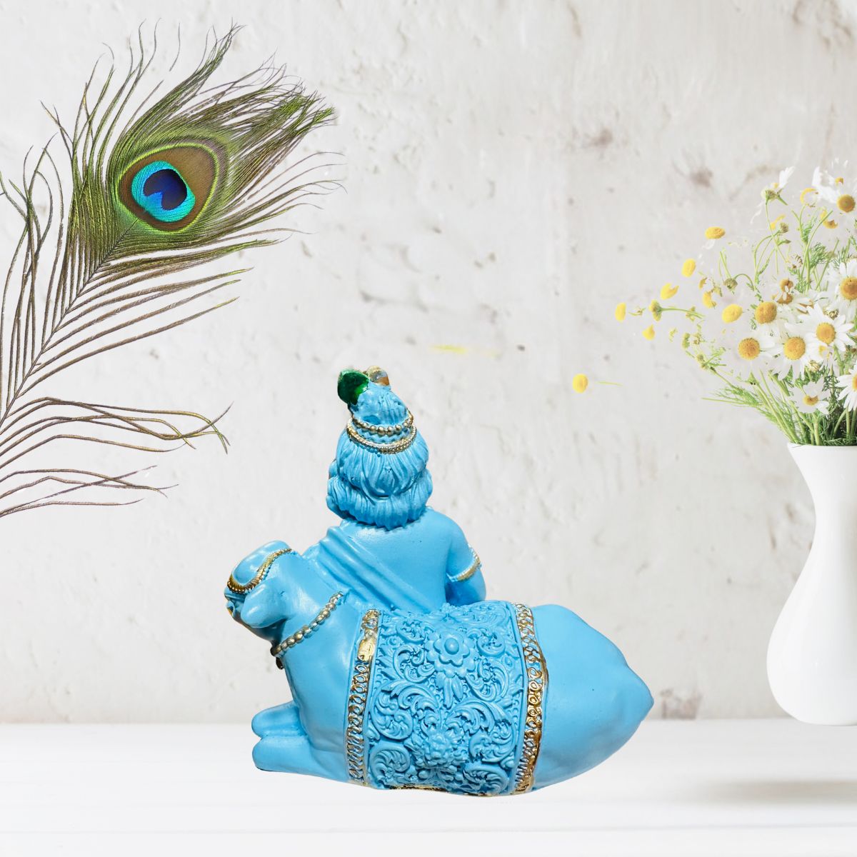 Tiny Shiny Bal Gopal with Cow Murti Statue