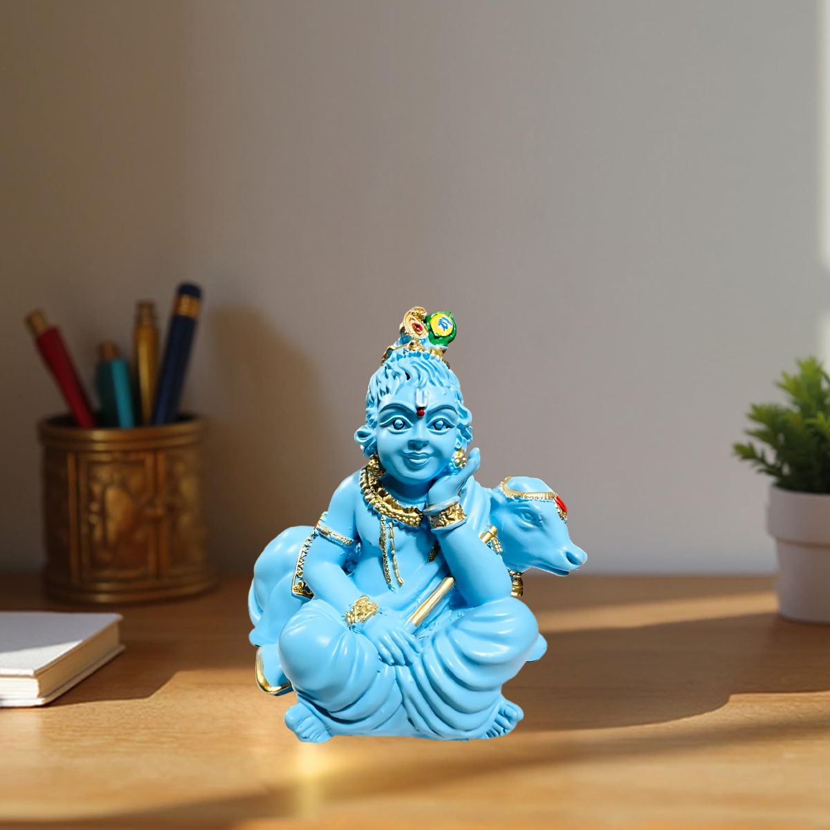 Tiny Shiny Bal Gopal with Cow Murti Statue