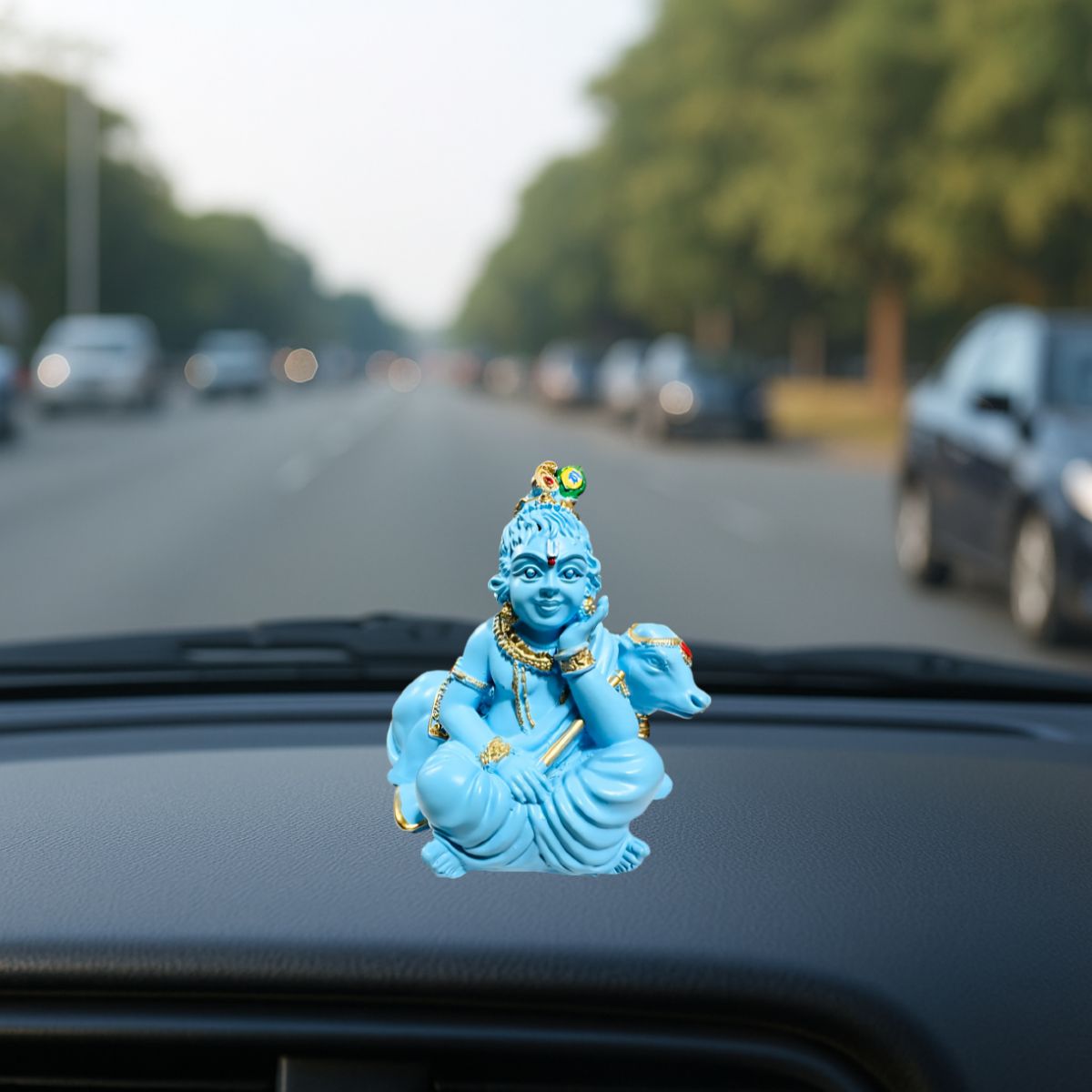 Tiny Shiny Bal Gopal with Cow Murti Statue