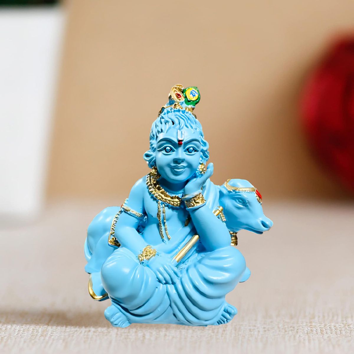 Tiny Shiny Bal Gopal with Cow Murti Statue