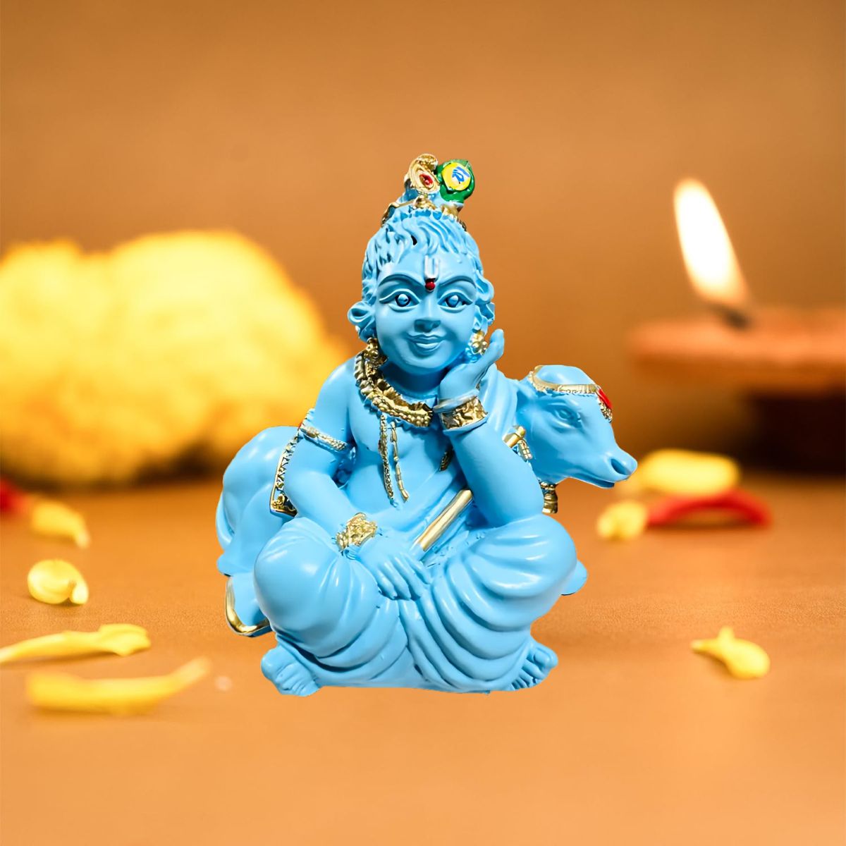 Tiny Shiny Bal Gopal with Cow Murti Statue