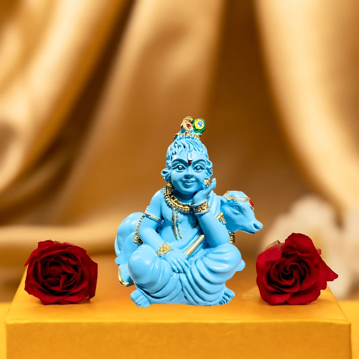 Tiny Shiny Bal Gopal with Cow Murti Statue