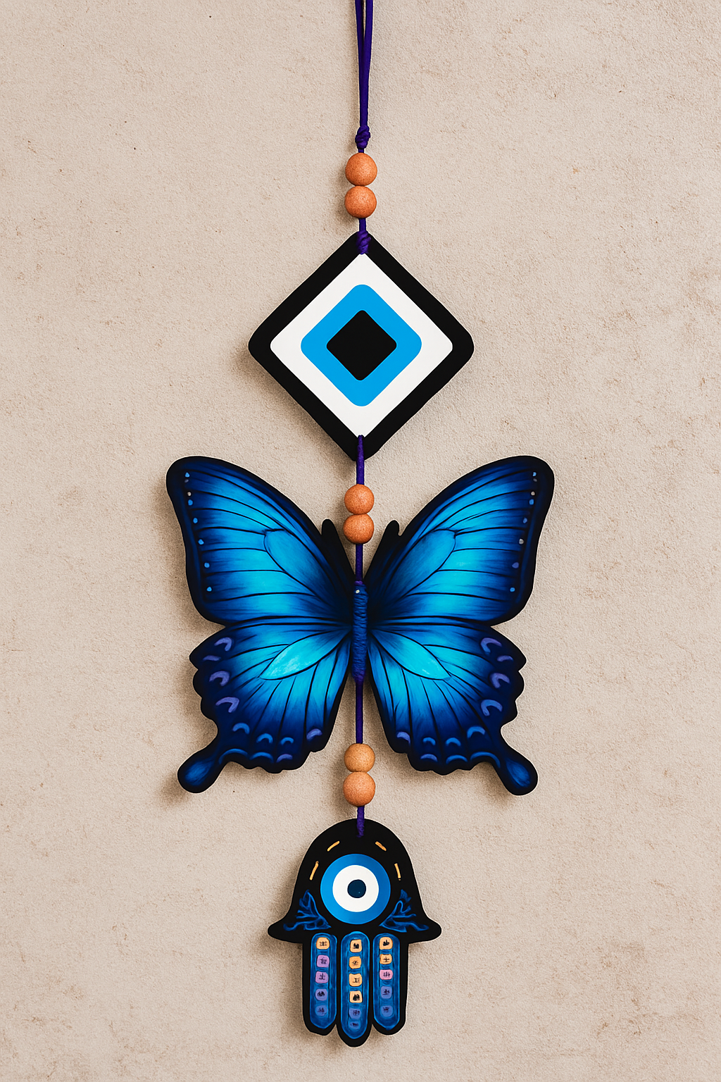 Blue Butterfly Evil Eye Hanging Wall Decor with Hamsa Hand Charm