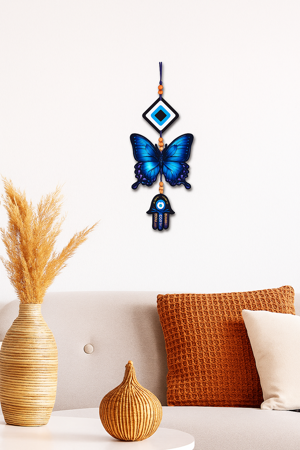 Blue Butterfly Evil Eye Hanging Wall Decor with Hamsa Hand Charm