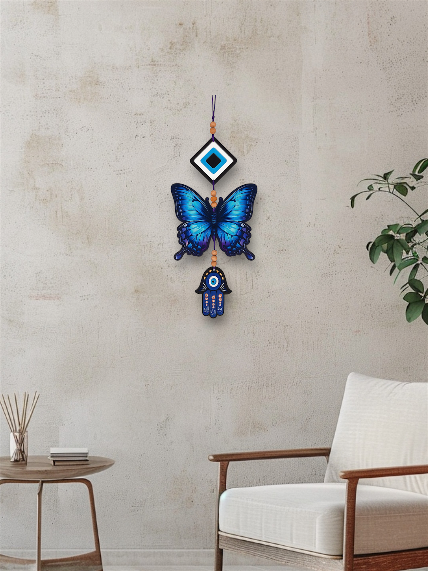 Blue Butterfly Evil Eye Hanging Wall Decor with Hamsa Hand Charm