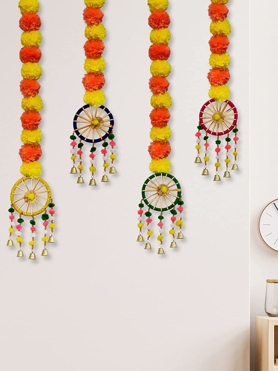 Tiny Shiny Artificial Marigold Fluffy Flowers Garland String with Bells Ring Pom Pom