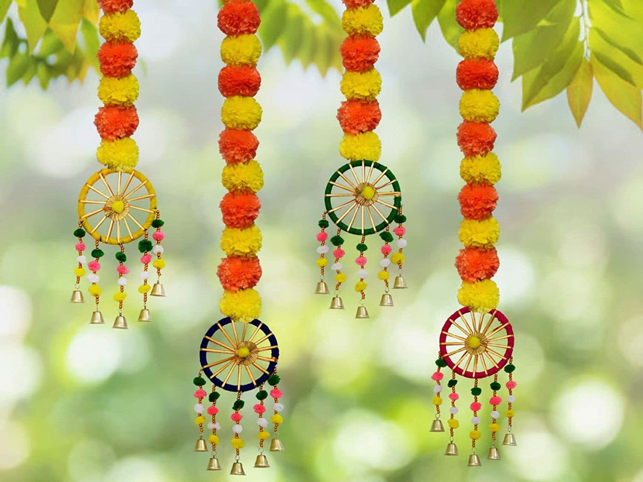 Tiny Shiny Artificial Marigold Fluffy Flowers Garland String with Bells Ring Pom Pom