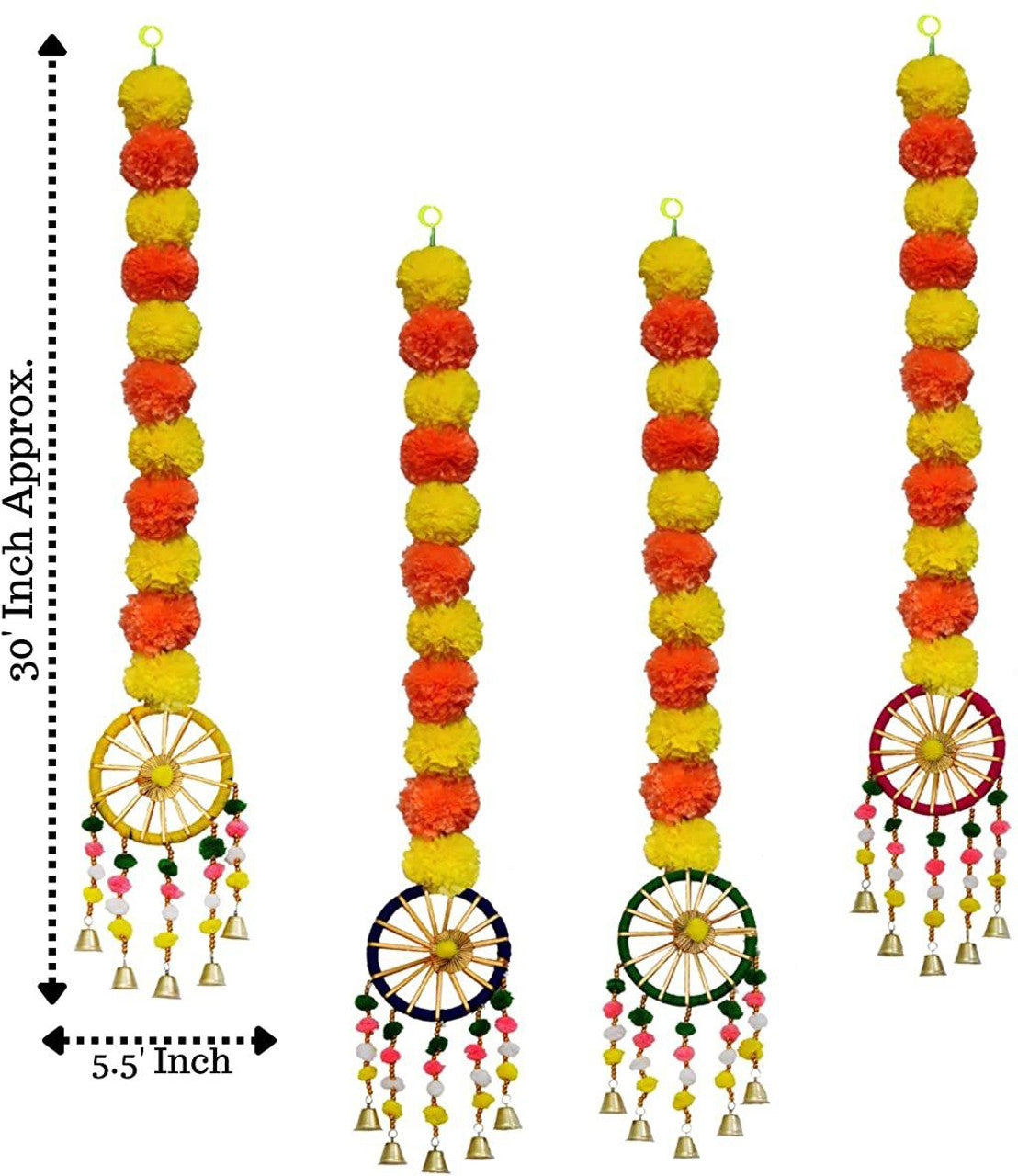 Tiny Shiny Artificial Marigold Fluffy Flowers Garland String with Bells Ring Pom Pom
