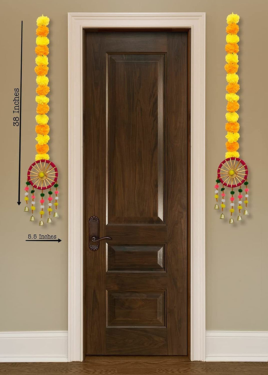 Tiny Shiny Artificial Marigold Fluffy Flowers Garland String with Bells Ring Pom Pom