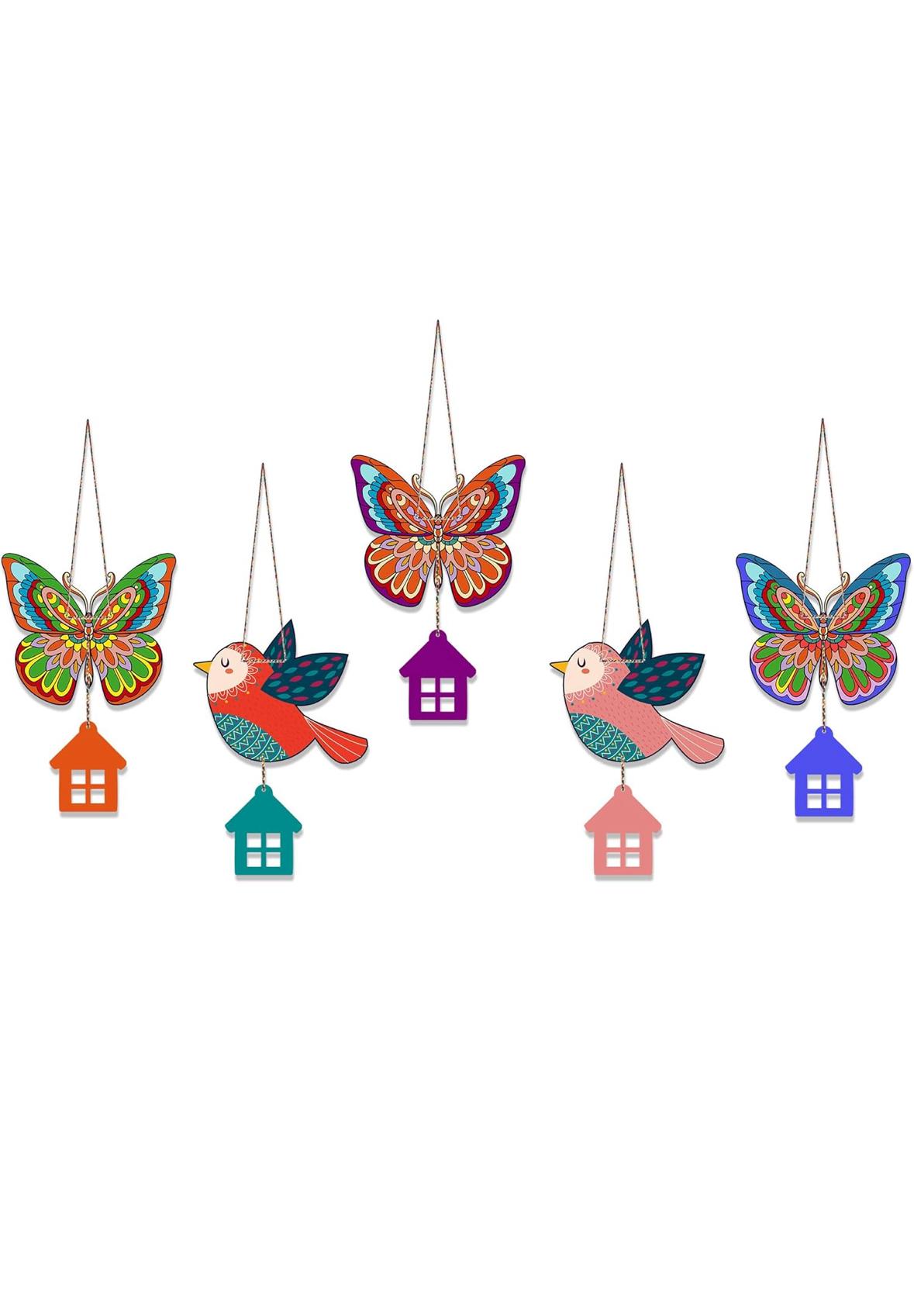 Colorful Bird & Butterfly Hanging Wall Decor with House Charms