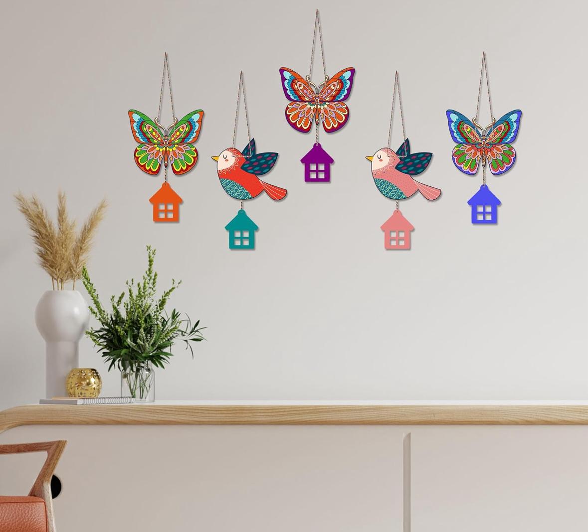 Colorful Bird & Butterfly Hanging Wall Decor with House Charms