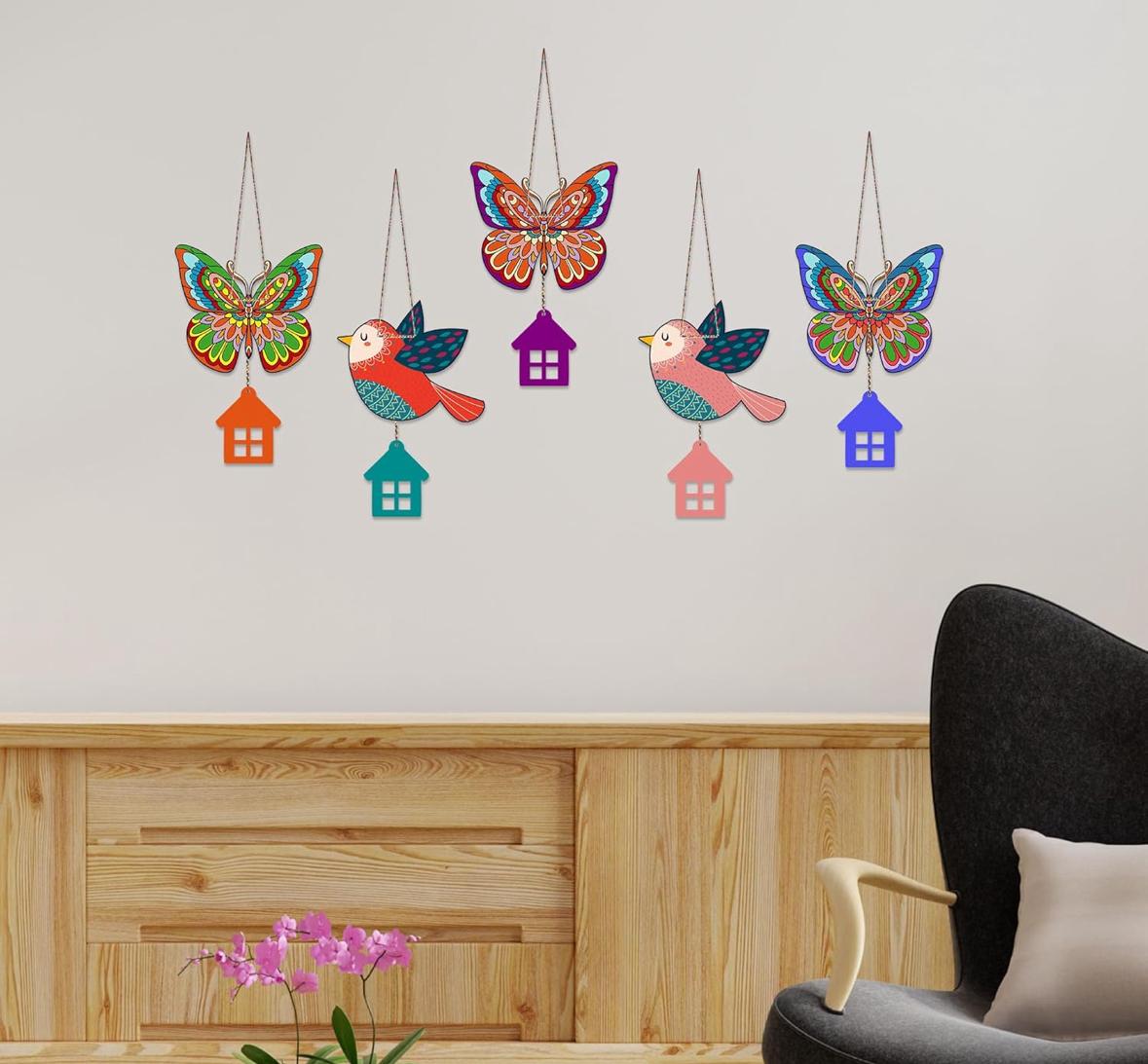 Colorful Bird & Butterfly Hanging Wall Decor with House Charms