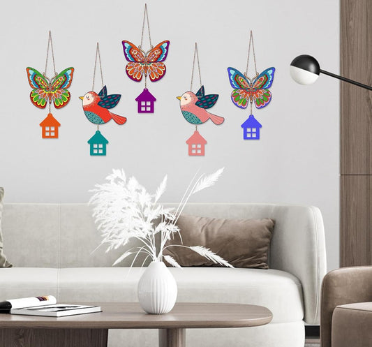 Colorful Bird & Butterfly Hanging Wall Decor with House Charms
