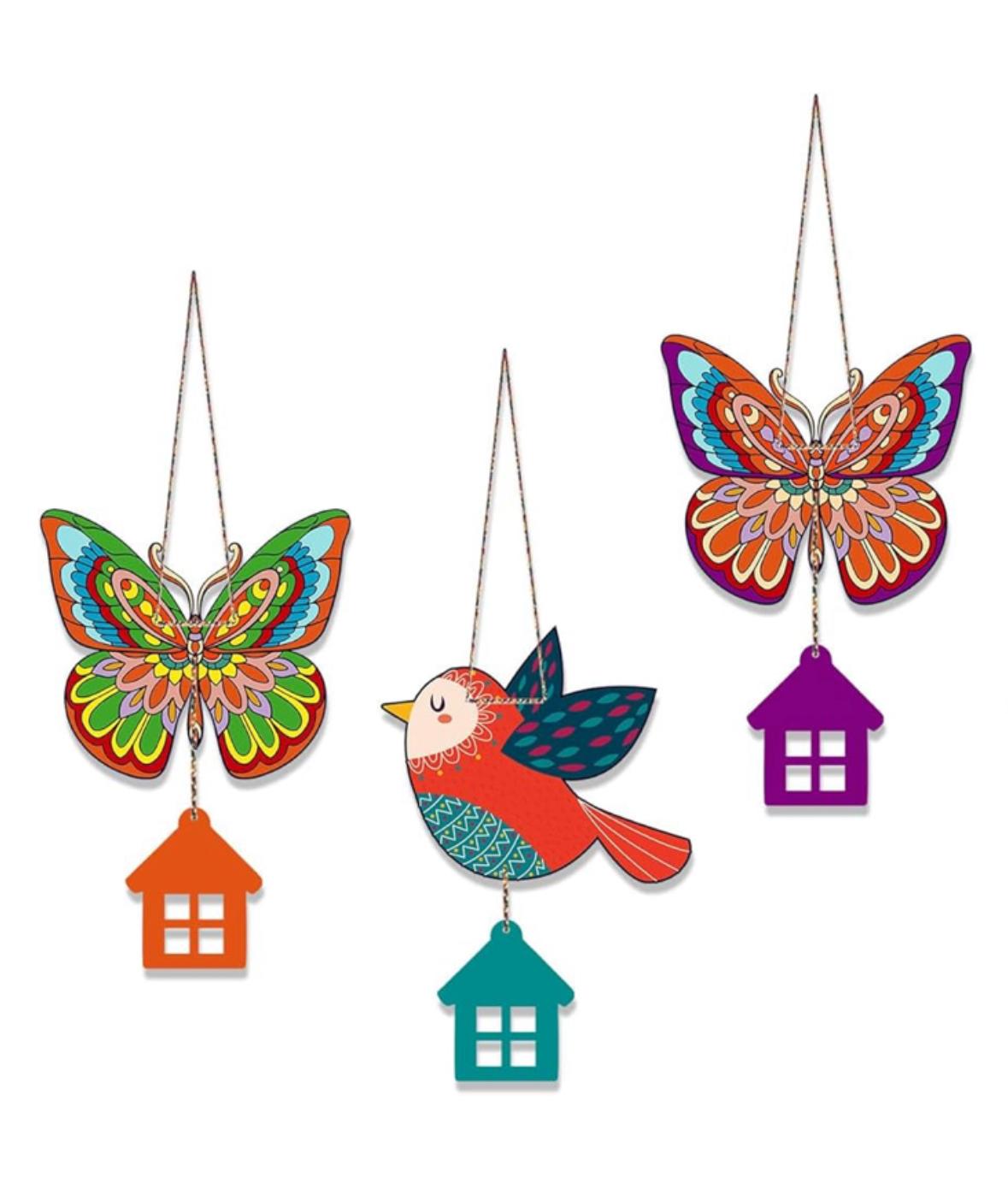 Colorful Butterfly & Bird Hanging Wall Decor Set with House Charms