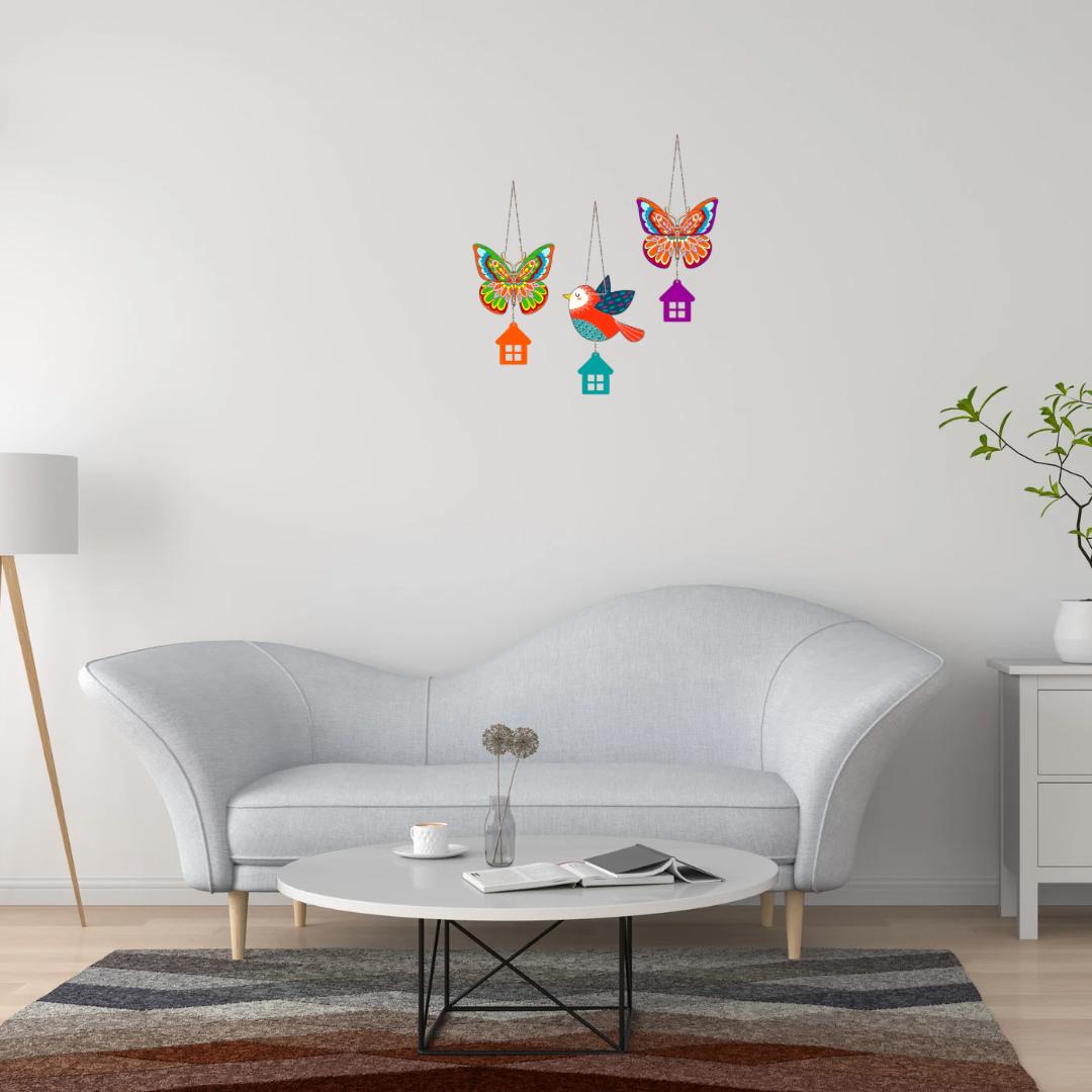 Colorful Butterfly & Bird Hanging Wall Decor Set with House Charms