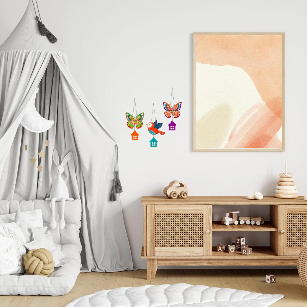 Colorful Butterfly & Bird Hanging Wall Decor Set with House Charms