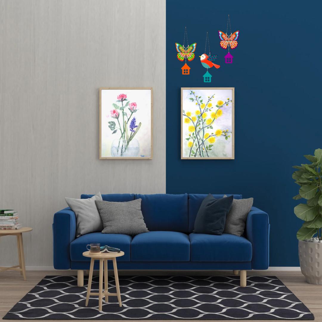 Colorful Butterfly & Bird Hanging Wall Decor Set with House Charms