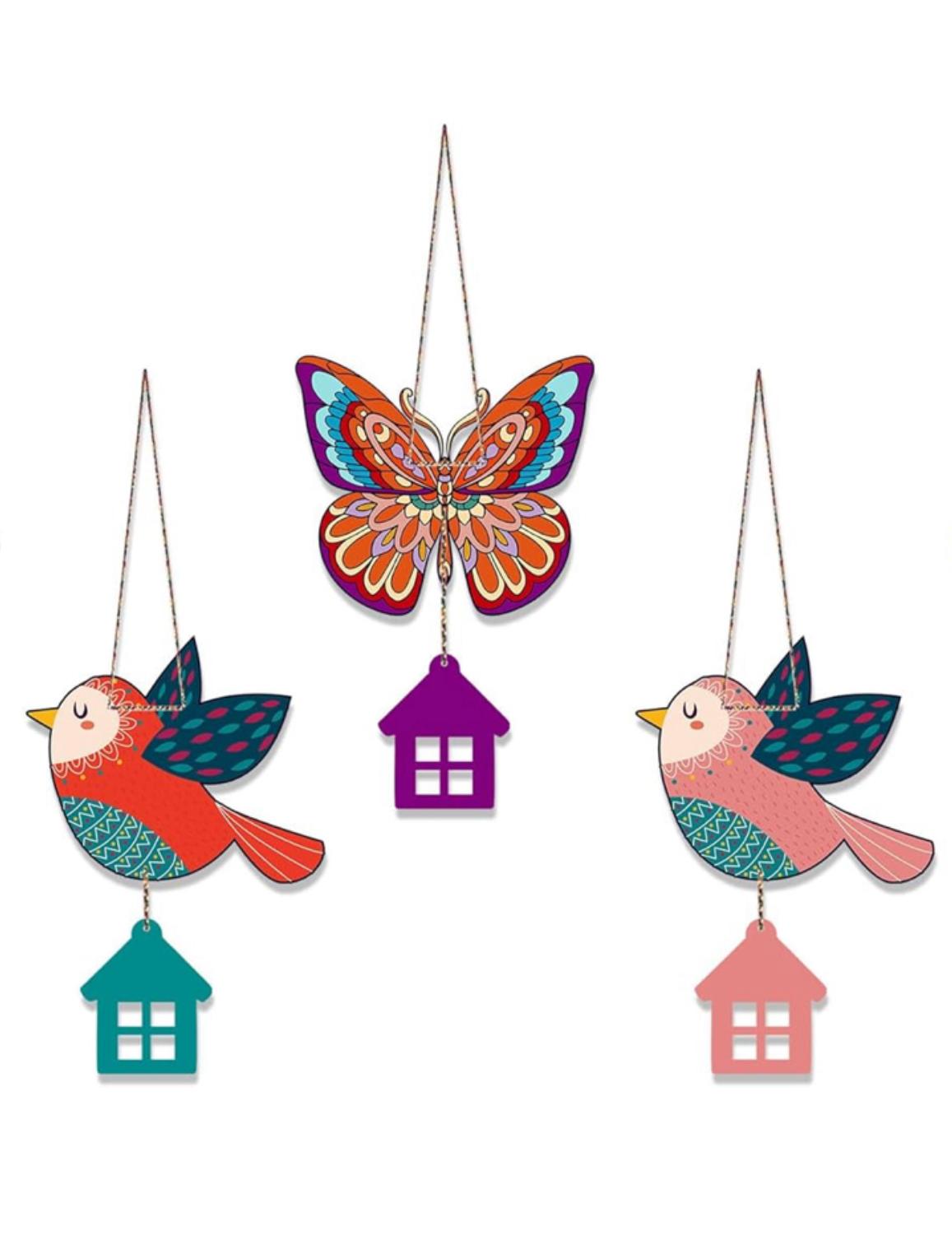 Colorful Bird & Butterfly Hanging Wall Decor Set with House Charms
