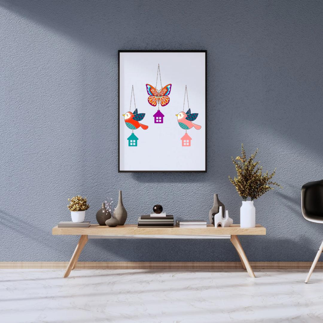 Colorful Bird & Butterfly Hanging Wall Decor Set with House Charms