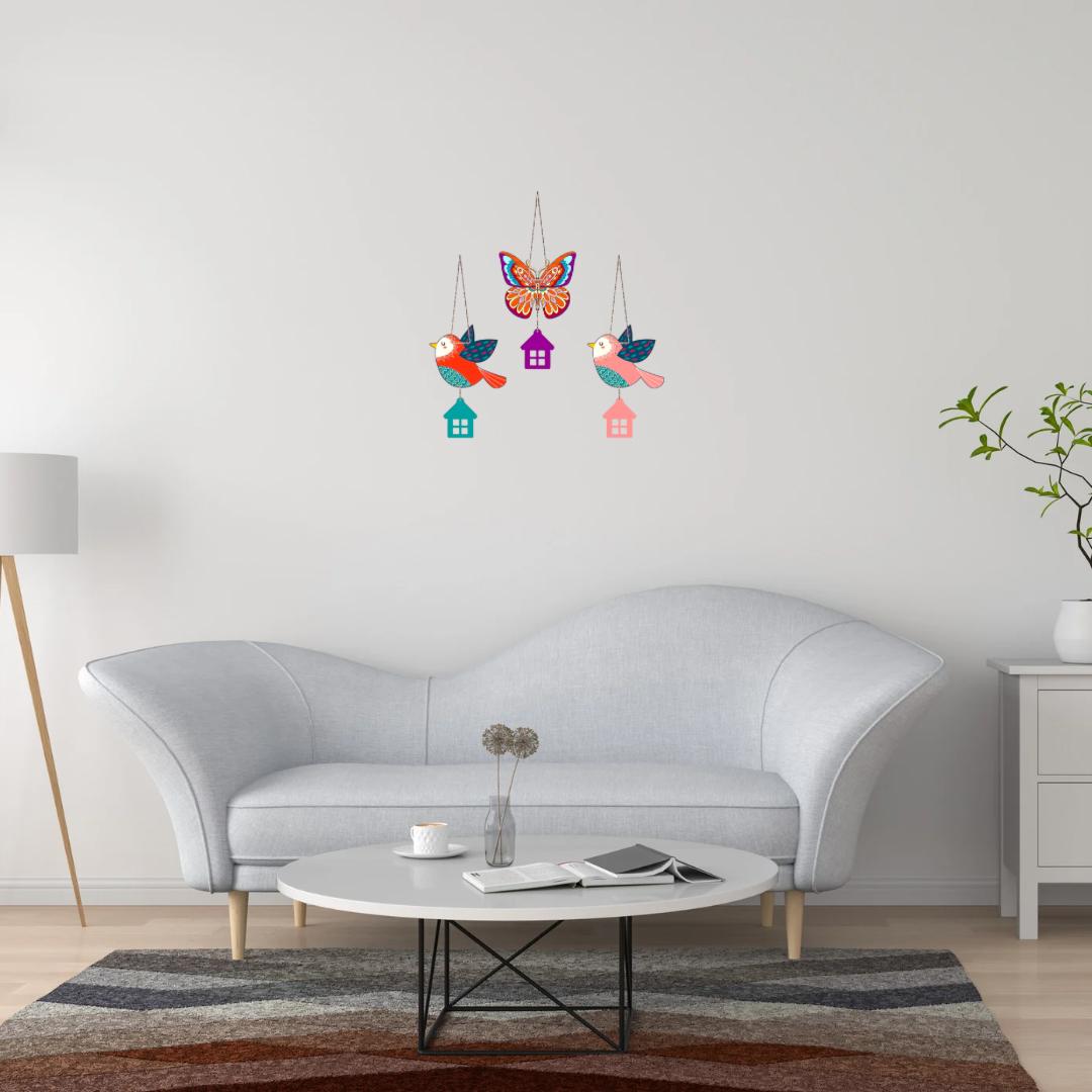 Colorful Bird & Butterfly Hanging Wall Decor Set with House Charms