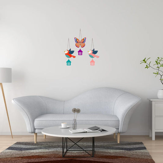 Colorful Bird & Butterfly Hanging Wall Decor Set with House Charms