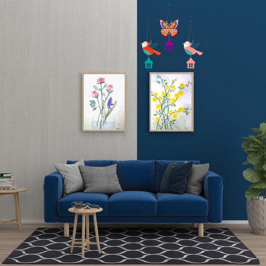Colorful Bird & Butterfly Hanging Wall Decor Set with House Charms