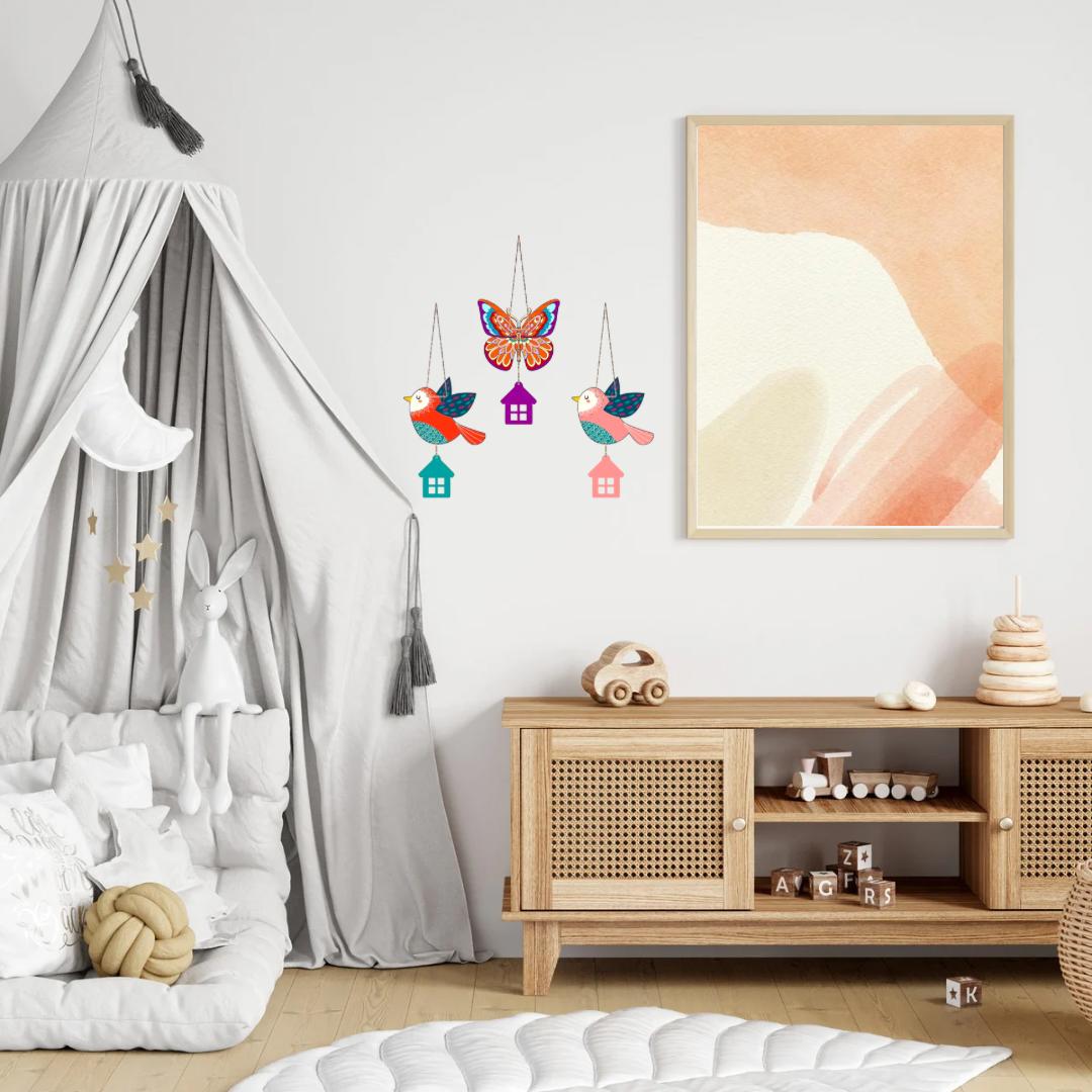 Colorful Bird & Butterfly Hanging Wall Decor Set with House Charms
