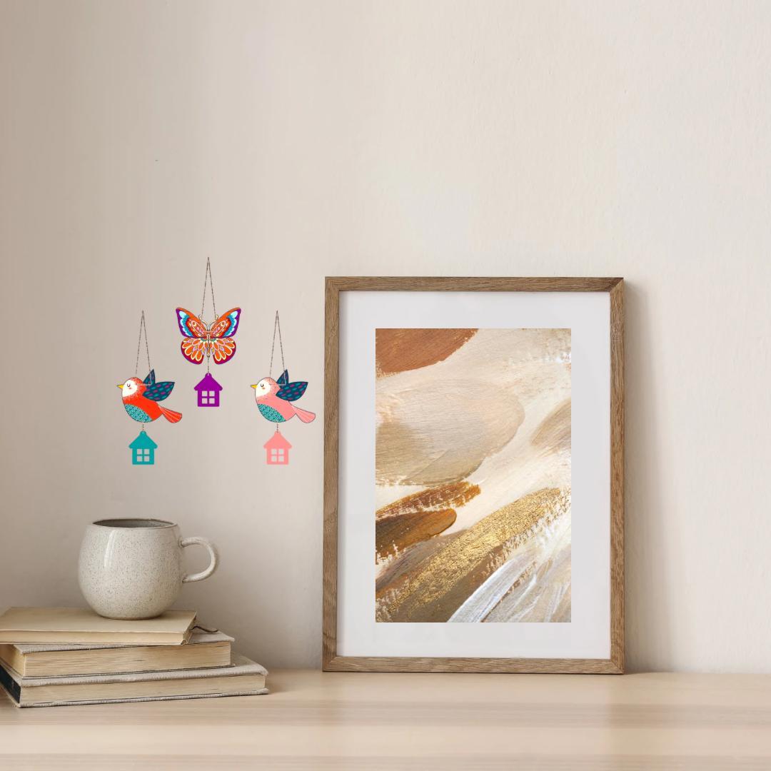 Colorful Bird & Butterfly Hanging Wall Decor Set with House Charms