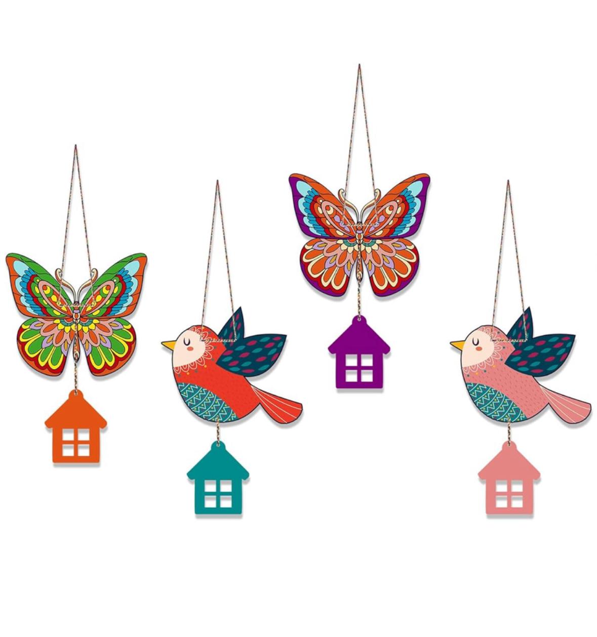 Colorful Butterfly & Bird Hanging Wall Decor Set with House Charms
