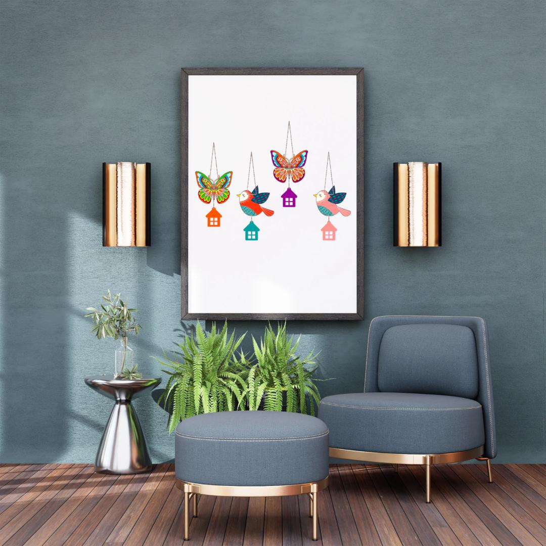 Colorful Butterfly & Bird Hanging Wall Decor Set with House Charms