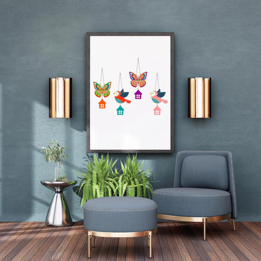 Colorful Butterfly & Bird Hanging Wall Decor Set with House Charms