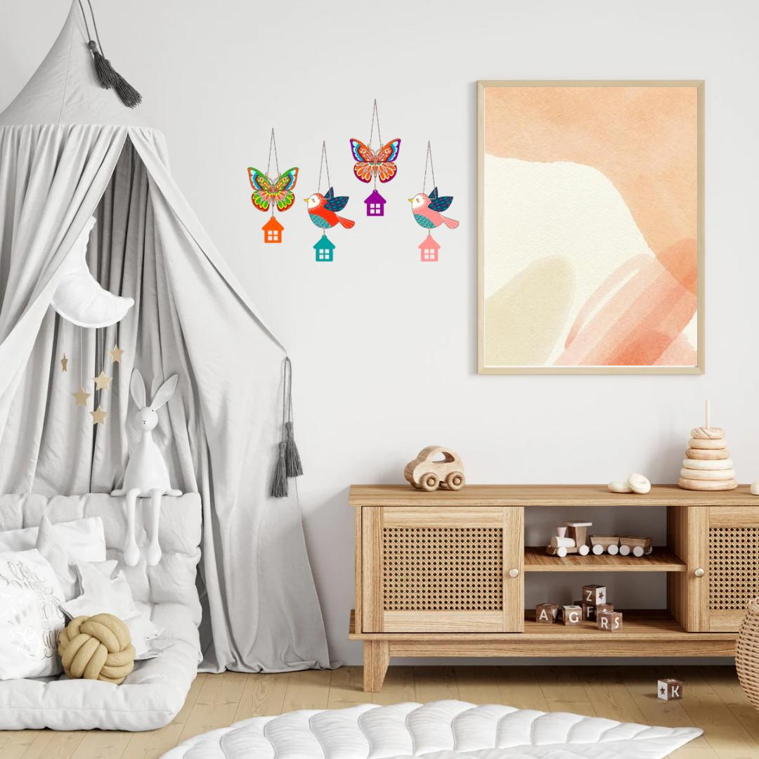Colorful Butterfly & Bird Hanging Wall Decor Set with House Charms