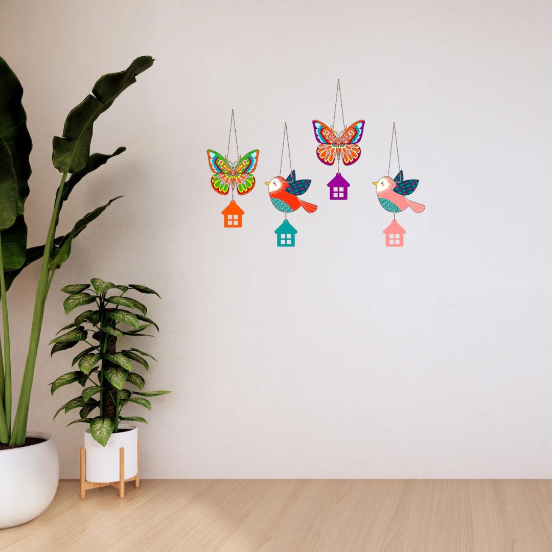 Colorful Butterfly & Bird Hanging Wall Decor Set with House Charms