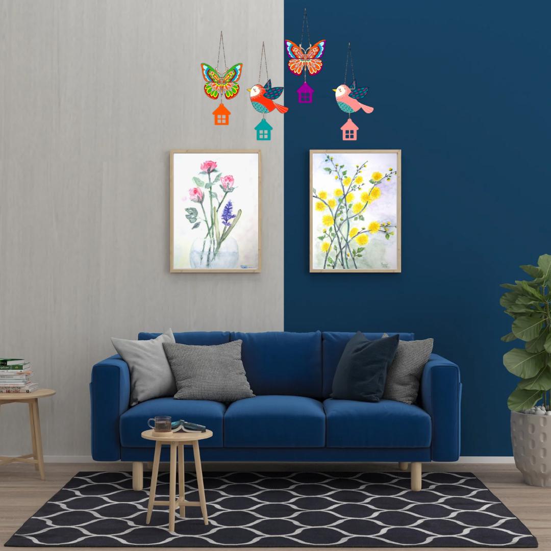 Colorful Butterfly & Bird Hanging Wall Decor Set with House Charms