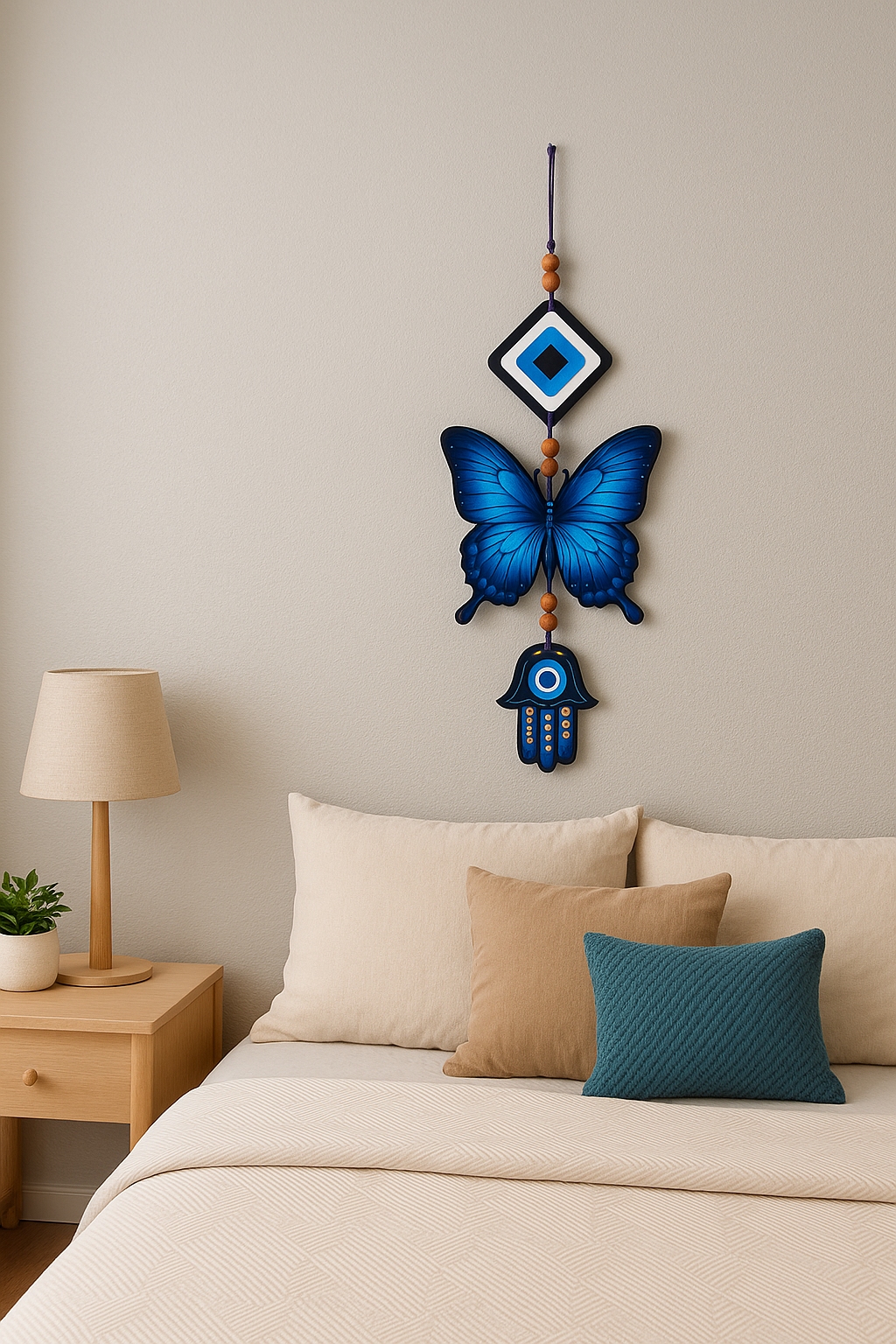 Blue Butterfly Evil Eye Hanging Wall Decor with Hamsa Hand Charm