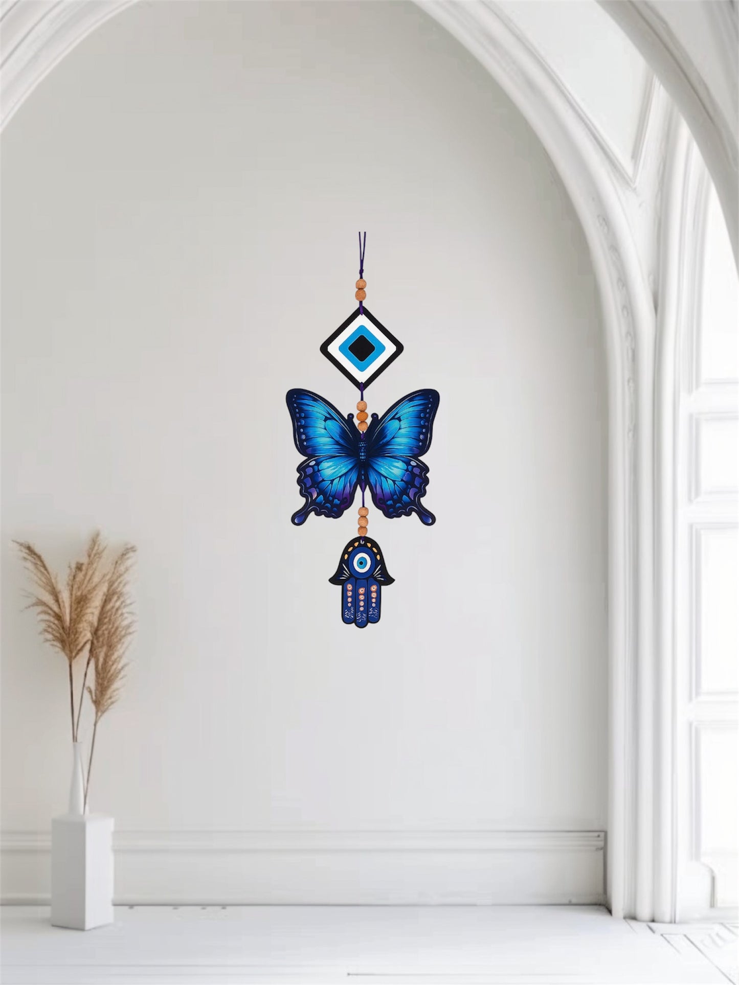 Blue Butterfly Evil Eye Hanging Wall Decor with Hamsa Hand Charm