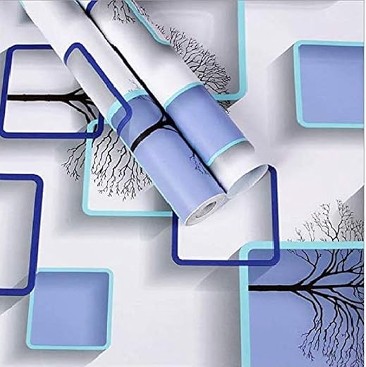 Blue Box Self-Adhesive Wallpaper | Peel & Stick PVC Vinyl Wall Covering | Waterproof, Removable & Easy-Clean | Modern Geometric Blue Box Pattern for Living Room, Bedroom & Office
