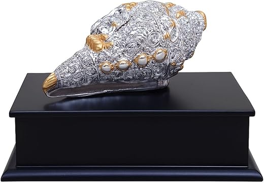Decorative Designer Conch Shell Showpiece with Gold & Silver Finish, Antique Handcrafted Shankh for Home Decor, Temple & Gifting, Vastu & Spiritual Artifact with Black Display...