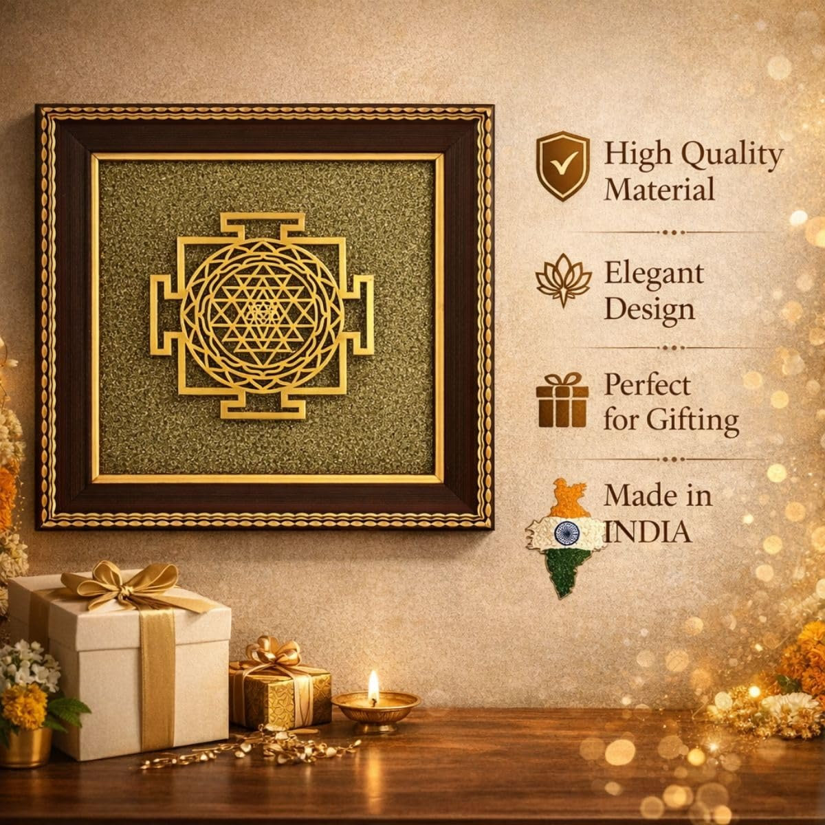 Tiny Shiny Shree Yantra on Raw Pyrite Frame