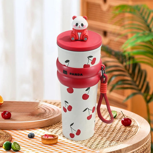 Panda Water Bottle (700ML)| Leakproof Cute Cherry Design, Portable & Reusable Water Bottle for School, Travel, and Office (CHERRY)