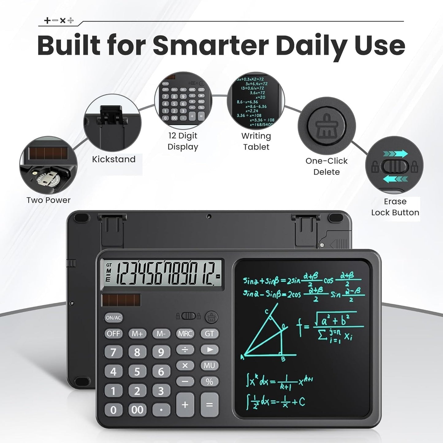 Calculator with Ruffpad Notepad By Lamta, 2-in-1 Calculator & LED Writing Pad with 7.5 Inches Tablet, 12 Digits, Stylus Pen for School, Office, Corporate Person
