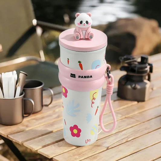 Panda Water Bottle (700ML)| Leakproof Cute Cherry Design, Portable & Reusable Water Bottle for School, Travel, and Office (PINK)
